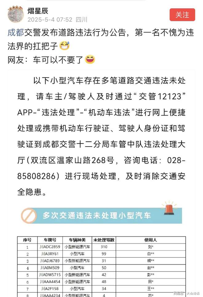 违章310次！成都交警发布道路违法公告一辆新能源汽车引发关注